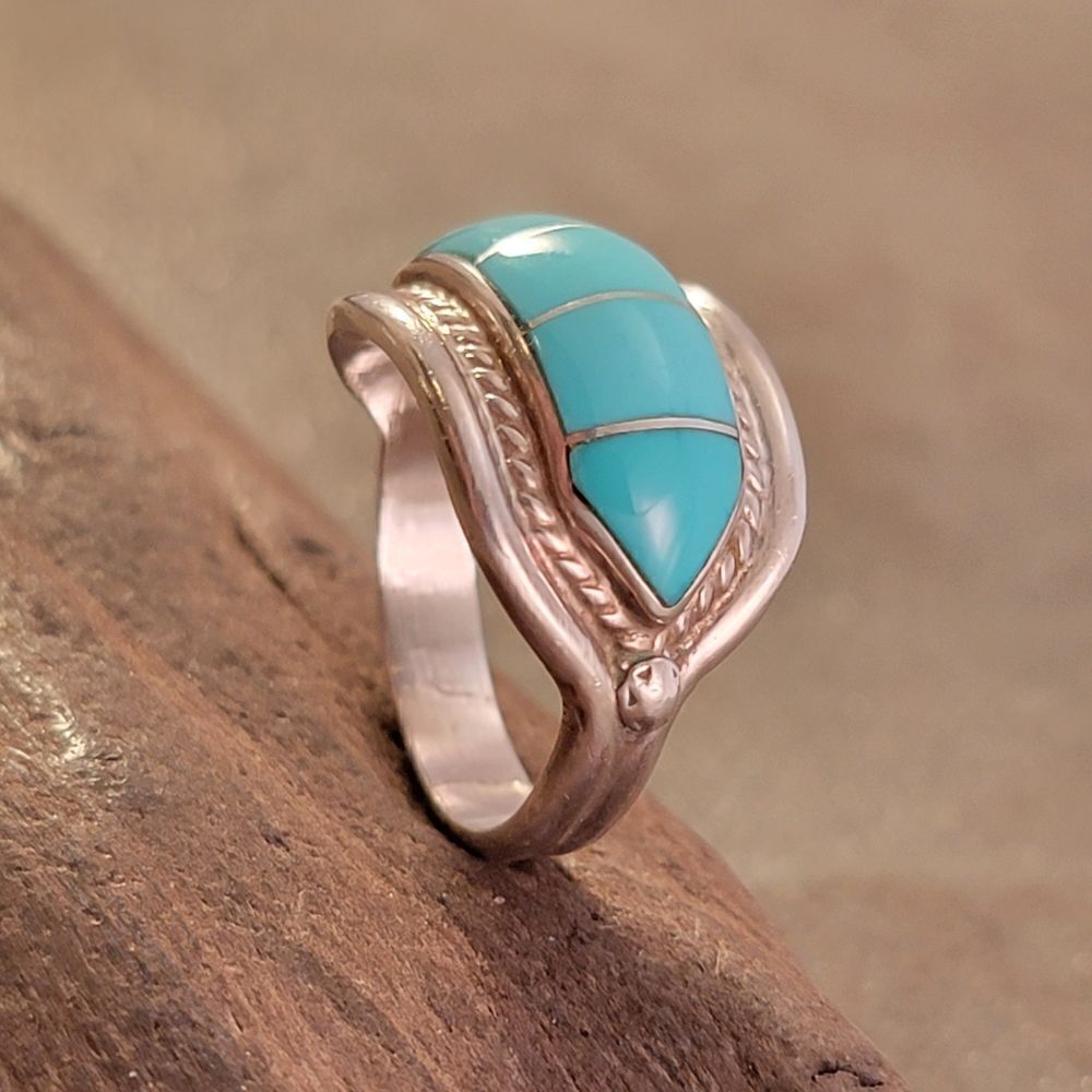 Albert Francisco Sterling Navajo Blue Turquoise Cable Bezel Set Channel Ring - Picture 5 of 9